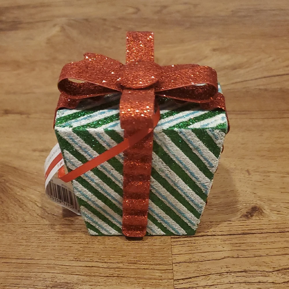 Ashland Glittery Red and Green Striped Gift Box Ornament